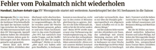Volksstimme Vorbericht zum Spiel der 1. Mannsachaft in Seehausen